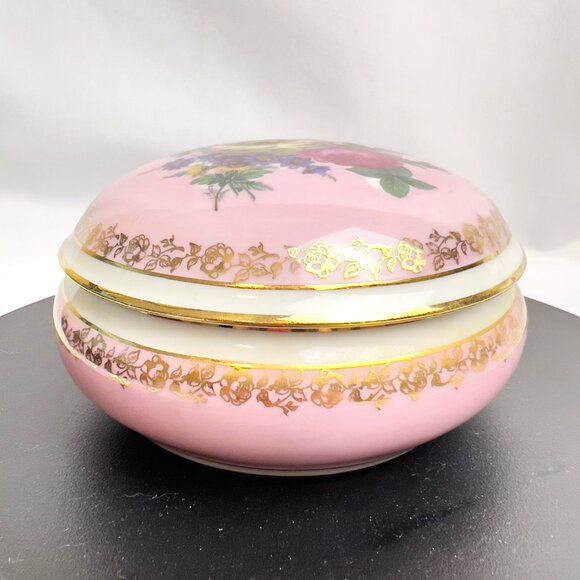 Limoges France Vintage Porcelain Trinket Box Pink Floral Vanity Dish Gold Trim - Picture 6 of 11